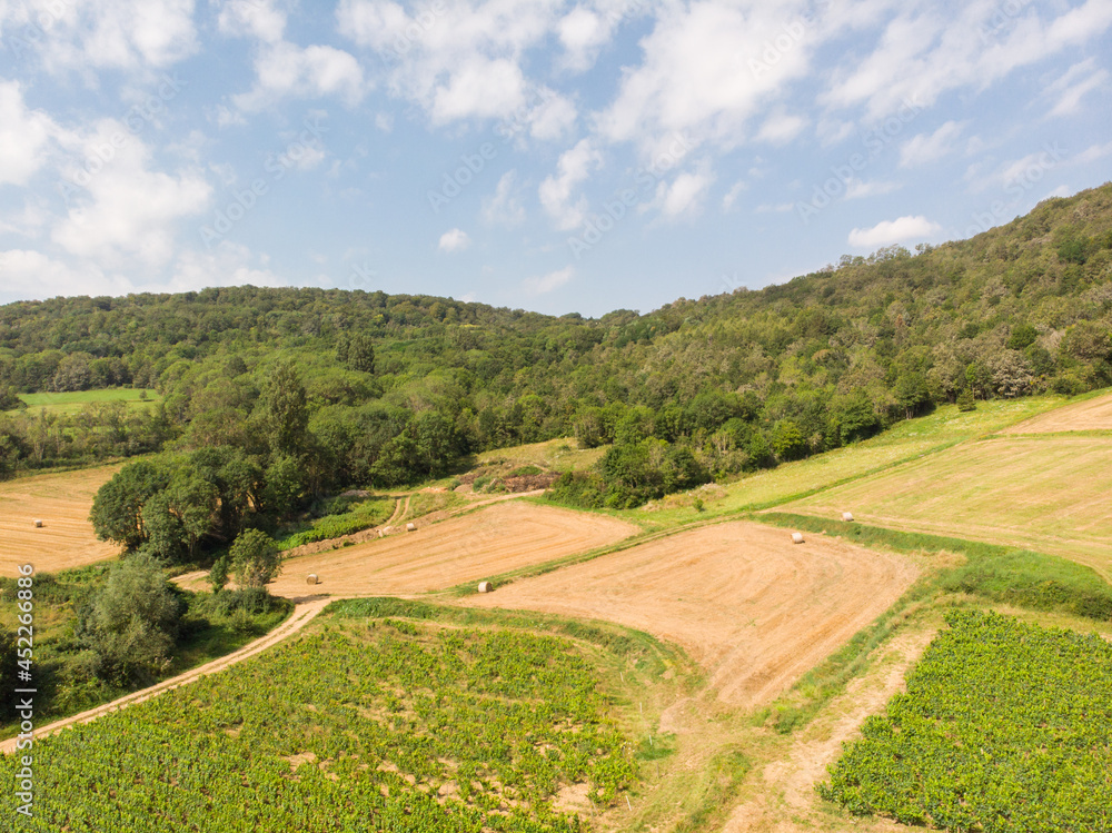 Vue aérienne d'un paysage agricole. Un paysage de campagne avec des agricultures différentes. Vue aérienne d'un paysage agricole. Un paysage de campagne avec des agricultures différentes.