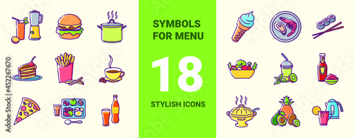 Set of colored icons on the theme of catering. Collection of signs in different food categories. Symbols for cafe and restaurant decoration. Vector stylish outline illustrations on yellow background.