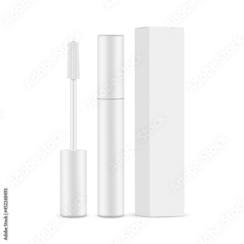 Mascara Brush Mockup with Paper Box, Isolated on White Background. Vector Illustration