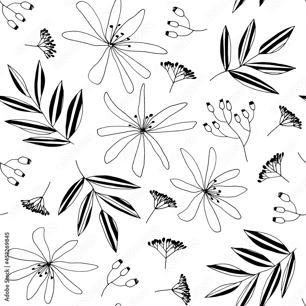 Vector seamless pattern of flowers clematis and tree branches. Contour image. Hand-drawn. Design of posters, postcards, invitations, design of weddings, holidays, decor. Vector seamless pattern of flowers clematis and tree branches. Contour image. Hand-drawn. Design of posters, postcards, invitations, design of weddings, holidays, decor.