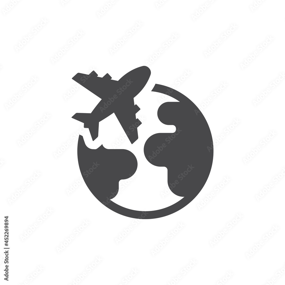 Planet Earth with airplane black vector icon. Globe and flight, travel symbol. Planet Earth with airplane black vector icon. Globe and flight, travel symbol.