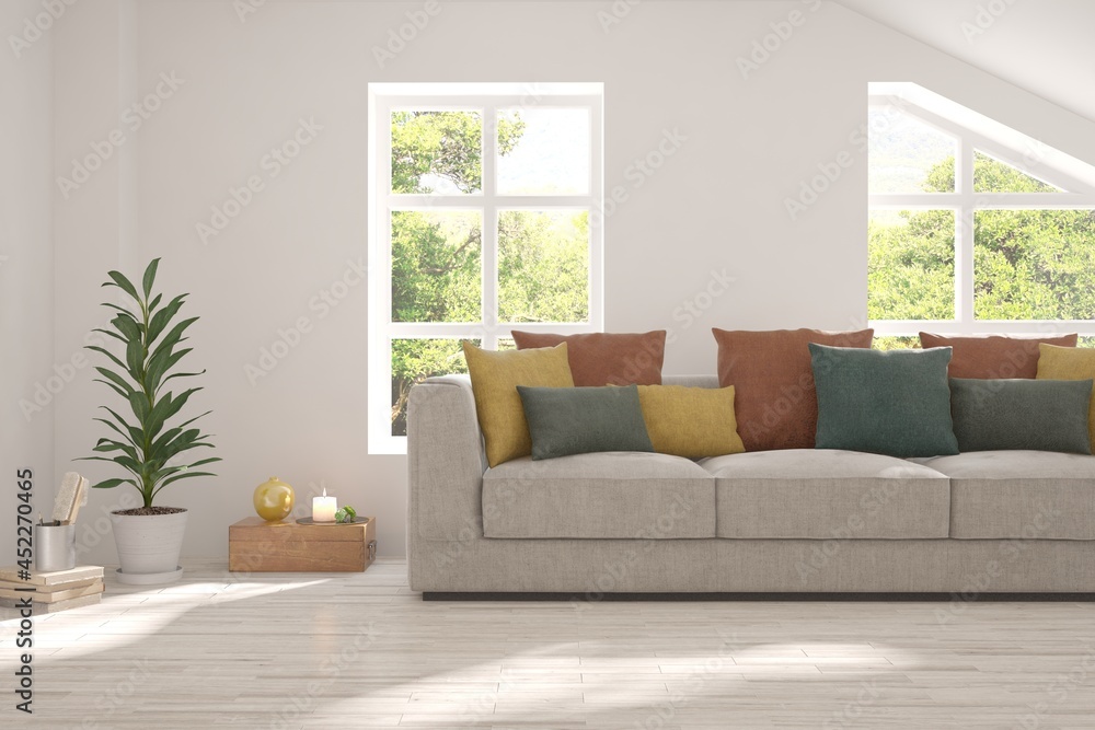 White living room with sofa and summer landscape in window. Scandinavian interior design. 3D illustration White living room with sofa and summer landscape in window. Scandinavian interior design. 3D illustration
