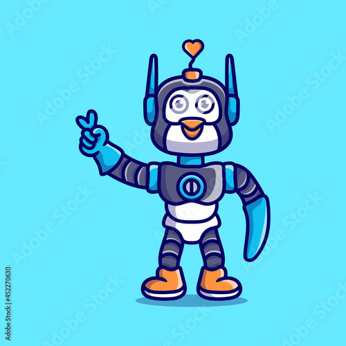 cute penguin robot with love peace hand sign