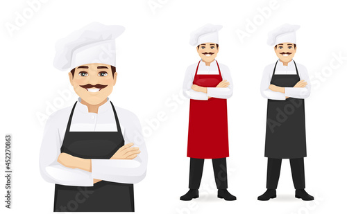 Handsome man chef in black apron standing with arms crossed isolated vector illustration