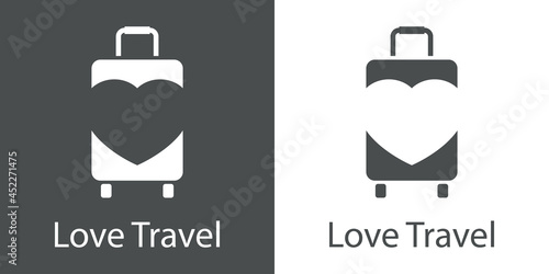 Viaje de luna de miel. Logotipo con texto Love Travel con silueta de corazón en maleta de ruedas en fondo gris y fondo blanco