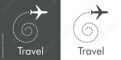 Logotipo con texto Travel y silueta de avión con trayectoria en forma de espiral en fondo gris y fondo blanco