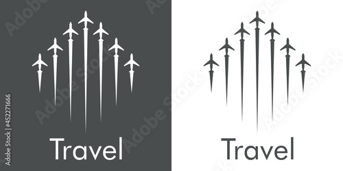Logotipo con texto Travel y grupo de aviones con trayectoria con forma de flecha en fondo gris y fondo blanco