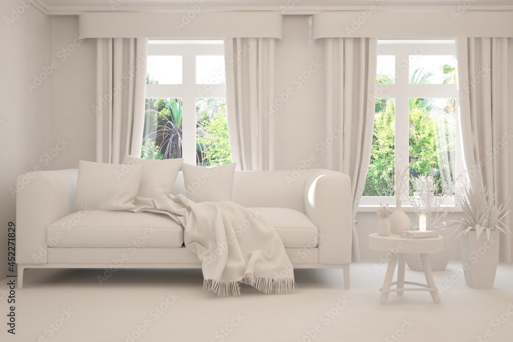 White living room with sofa and summer landscape in window. Scandinavian interior design. 3D illustration White living room with sofa and summer landscape in window. Scandinavian interior design. 3D illustration