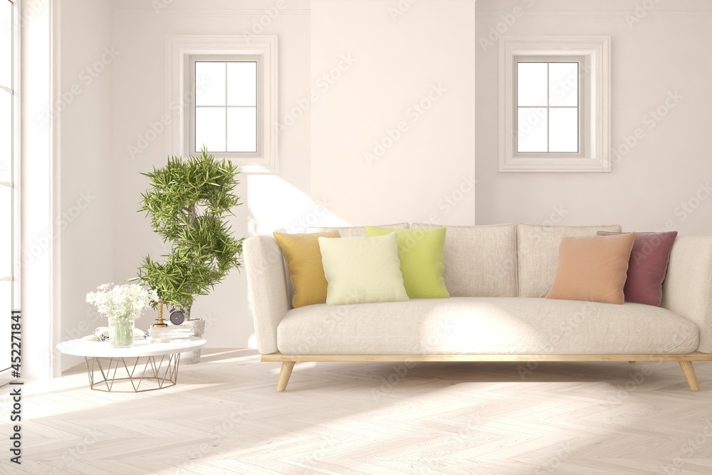 Fototapeta premium White living room with sofa. Scandinavian interior design. 3D illustration