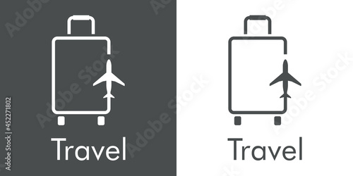 Logotipo con texto Travel y silueta de avión con trayectoria con forma de maleta de ruedas con lineas en fondo gris y fondo blanco