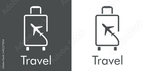 Logotipo con texto Travel y silueta de avión con trayectoria con forma de maleta de ruedas con lineas en fondo gris y fondo blanco