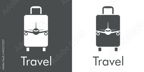 Logotipo con texto Travel y silueta de avión en maleta de ruedas en fondo gris y fondo blanco