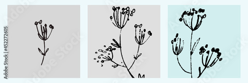 Home decor printable line art. Set of hand drawn vector brush-like paintings of flowers on backgrounds with brushstroke textures. Contemporary design for prints, posters, cards, textile