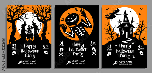 set of Halloween party posters in black and orange colors. Vector design template of invitations, invite, cards, flyer, afiche in cartoon silhouette style. Witches, Jack o lantern and haunted mansion