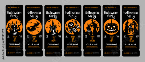 Halloween invitation tickets set. Vector ticket design template for halloween party. Club invitation, invite, flyer, poster at black and orange colors in cartoon style. Witch, pumpkin, house, monster