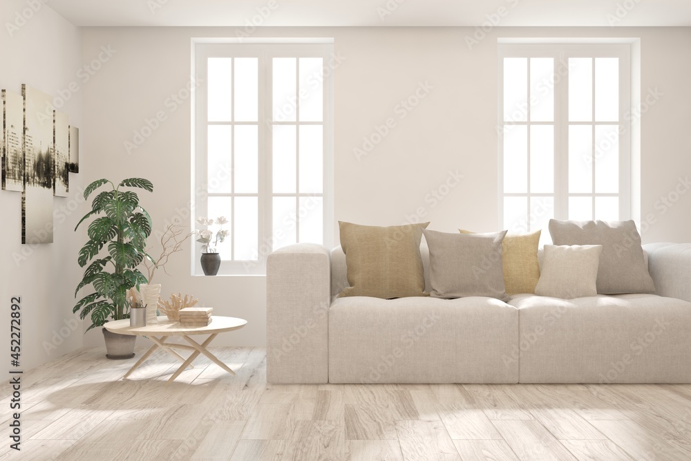 Fototapeta premium White living room with sofa. Scandinavian interior design. 3D illustration