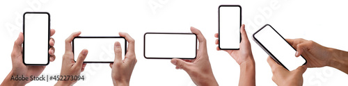 Hand holding smartphone iphone mockup with blank screen frameless design for apple ios in two rotated perspective positions - isolated hand using mobile phone on white background - Clipping Path