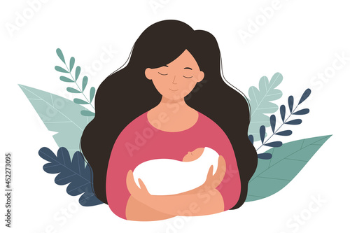 A mother and a newborn baby in her arms. Vector illustration in a flat style