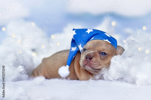Sleepy French Bulldog puppy with nightcap lying between fluffy clouds and stars photo