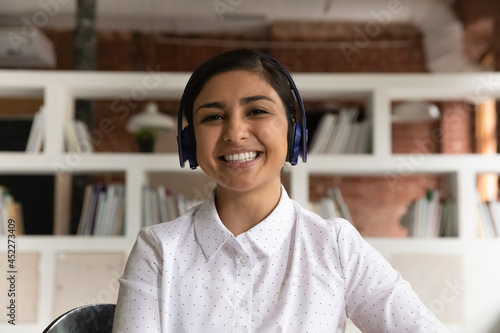 Photography Web cam head shot Indian woman applicant pass job interview remotely by video call