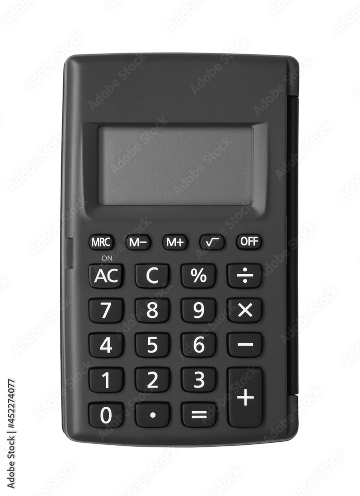empty black plastic calculator with dark button to small or mini for pocket and calculate with office equipment tool on white background isolated included clipping path