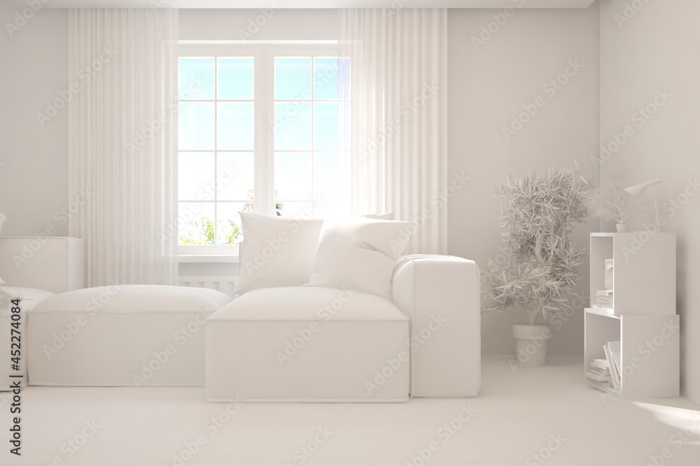 Mock up of minimalist living room in white color with sofa. Scandinavian interior design. 3D illustration Mock up of minimalist living room in white color with sofa. Scandinavian interior design. 3D illustration