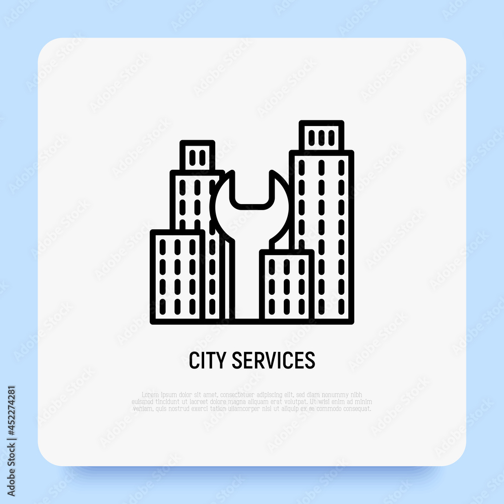 City services thin line icon, wrench between buildings. Reconstruction, renovation. Modern vector illustration