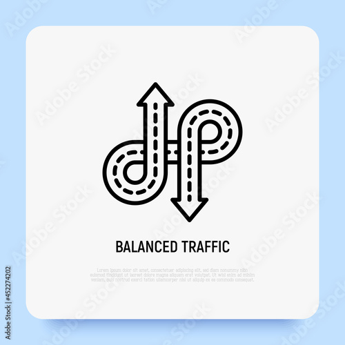 Balanced traffic, roads with arrows thin line icon. Element of smart city. Modern vector illustration, logo for road construction.