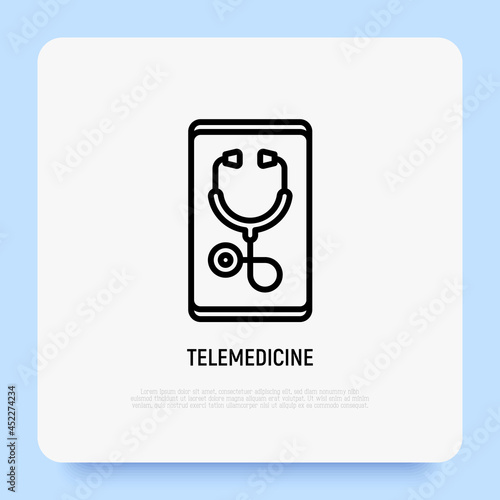 Telemedicine thin line icon, stethoscope on screen of smartphone. Modern vector illustration.