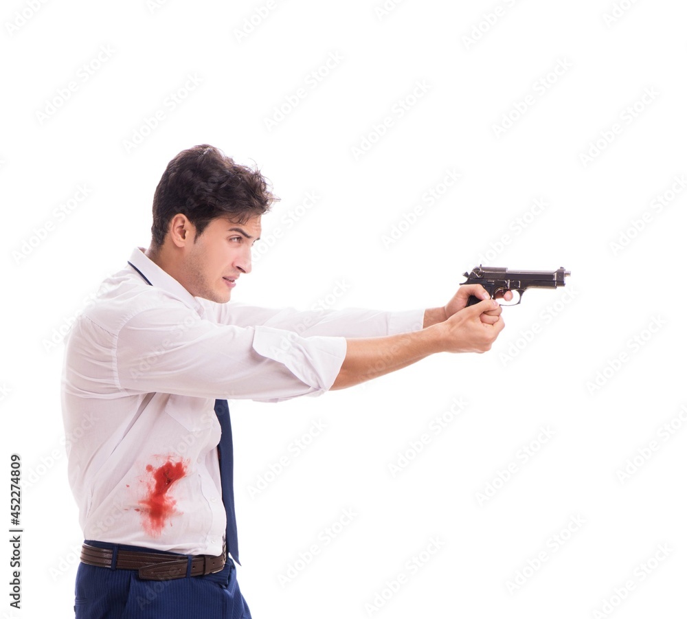 Businessman wounded in gun fight isolated on white Businessman wounded in gun fight isolated on white