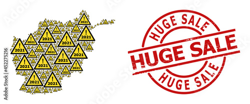 Rubber Huge Sale badge, and 2021 year warning collage of Afghanistan map. Red round badge contains Huge Sale tag inside circle. Afghanistan map collage is created of 2021 year warning rotated items.