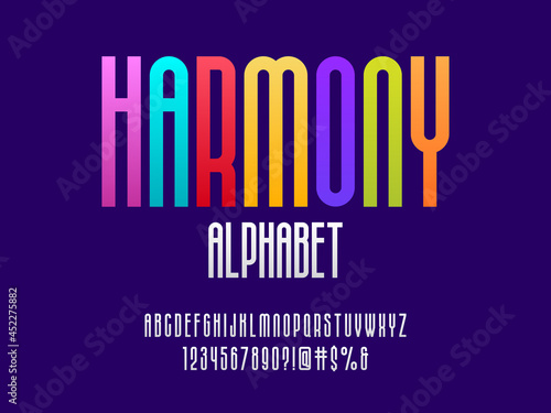 Vector of stylized condensed alphabet design with uppercase, numbers and symbols