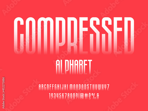 Vector of stylized condensed alphabet design with uppercase, numbers and symbols