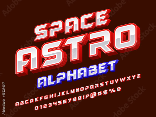 Futuristic metallic style alphabet design with uppercase, numbers and symbol