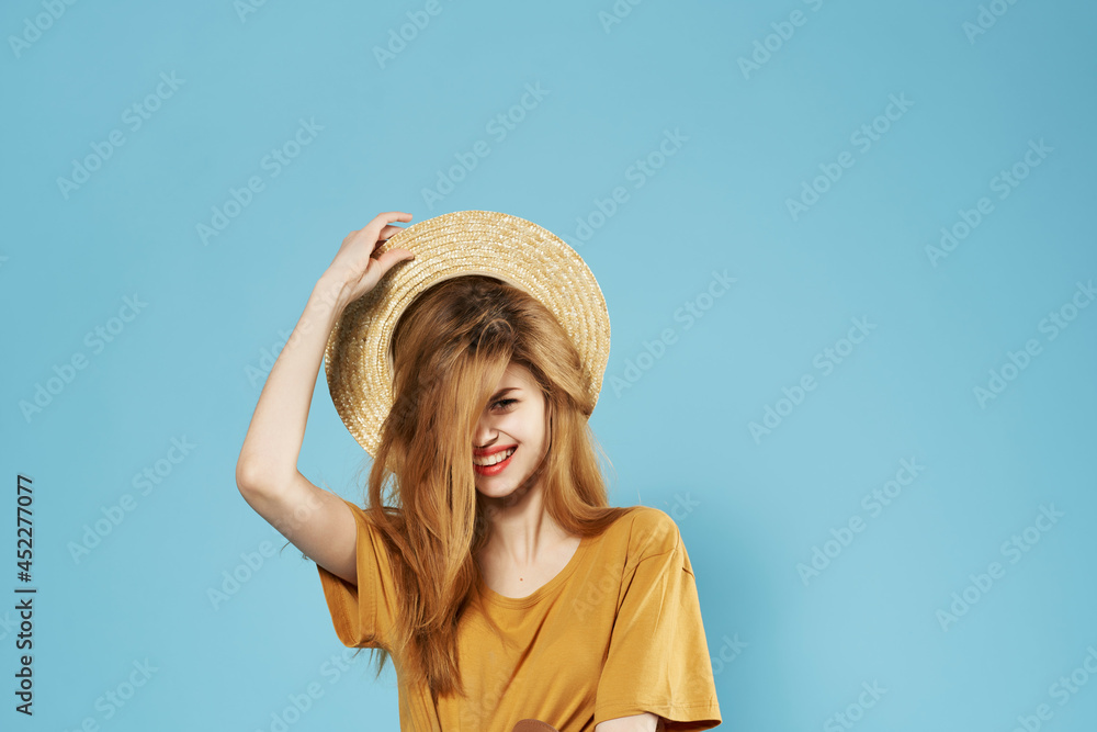 cute fashionable woman in hat lifestyle studio Summer cute fashionable woman in hat lifestyle studio Summer