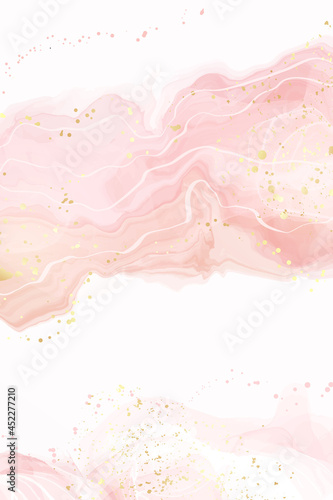Abstract dusty rose blush liquid watercolor background with gold dots and lines. Pastel pink marble alcohol ink drawing effect, golden splash elements. Vector illustration of contemporary wallpaper
