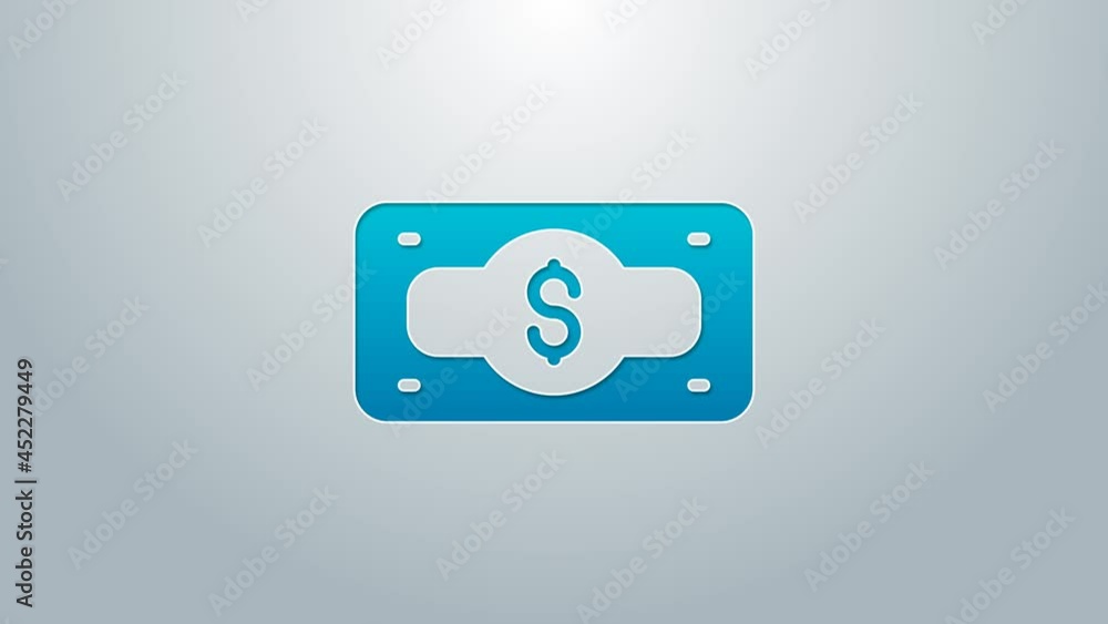Blue line Stacks paper money cash icon isolated on grey background. Money banknotes stacks. Bill currency. 4K Video motion graphic animation
