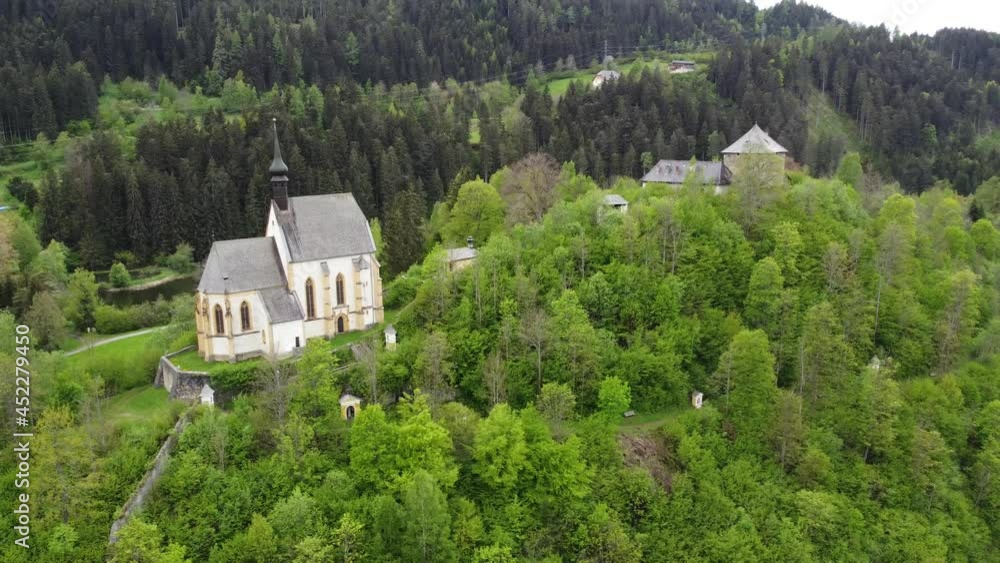 Old Church in a Forest in Austria Aerial (Murau, Styria- Leonhardkirche, Leonharditeich, and Burg Grünfels Old Church in a Forest in Austria Aerial (Murau, Styria- Leonhardkirche, Leonharditeich, and Burg Grünfels