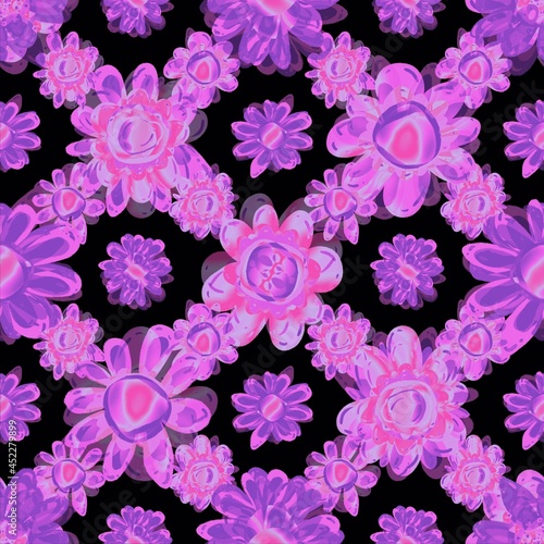 Pink  purple  lilac flowers on a black background. Seamless pattern. 