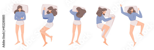 set of young woman sleeping in different postures. concept of  sleeping at night, dreaming, comfortable, and relaxing, Flat vector cartoon illustration photo