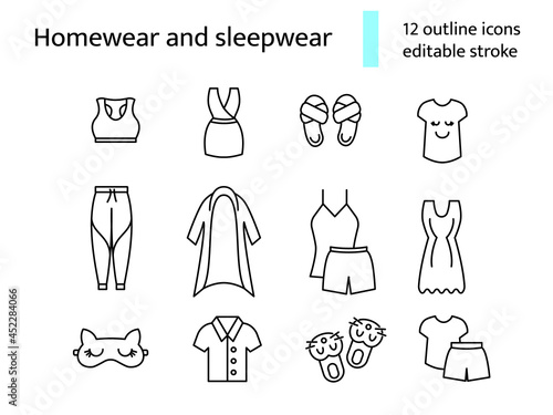 Comfy garment outline icons set. Homewear and sleepwear. Editable stroke. Isolated vector stock illustration