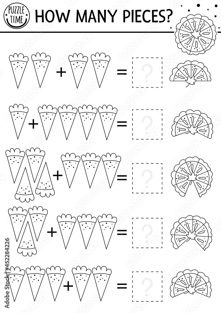 How many pieces line game with cute pumpkin pie. Autumn black and white Thanksgiving math addition activity for preschool kids. Printable simple counting worksheet with fall holiday food.