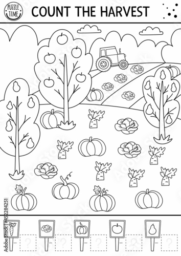 Autumn black and white counting game with harvest in the garden or field. Fall or Thanksgiving line math activity. Simple printable farm themed worksheet. Educational coloring puzzle for kids. .