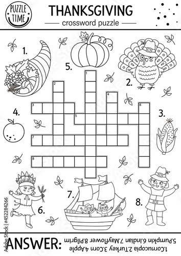Vector Thanksgiving black and white crossword puzzle for kids. Simple line autumn quiz with traditional symbols for children. Coloring activity with turkey, pilgrim, pumpkin. Fall holiday cross word