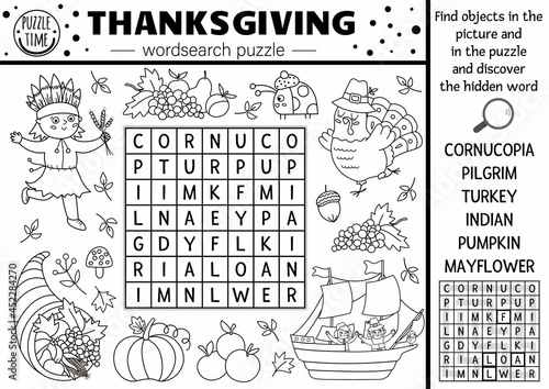 Vector Thanksgiving black and white wordsearch puzzle for kids. Simple line autumn camp crossword with traditional symbols. Coloring keyword activity with turkey, pilgrim, pumpkin, American..
