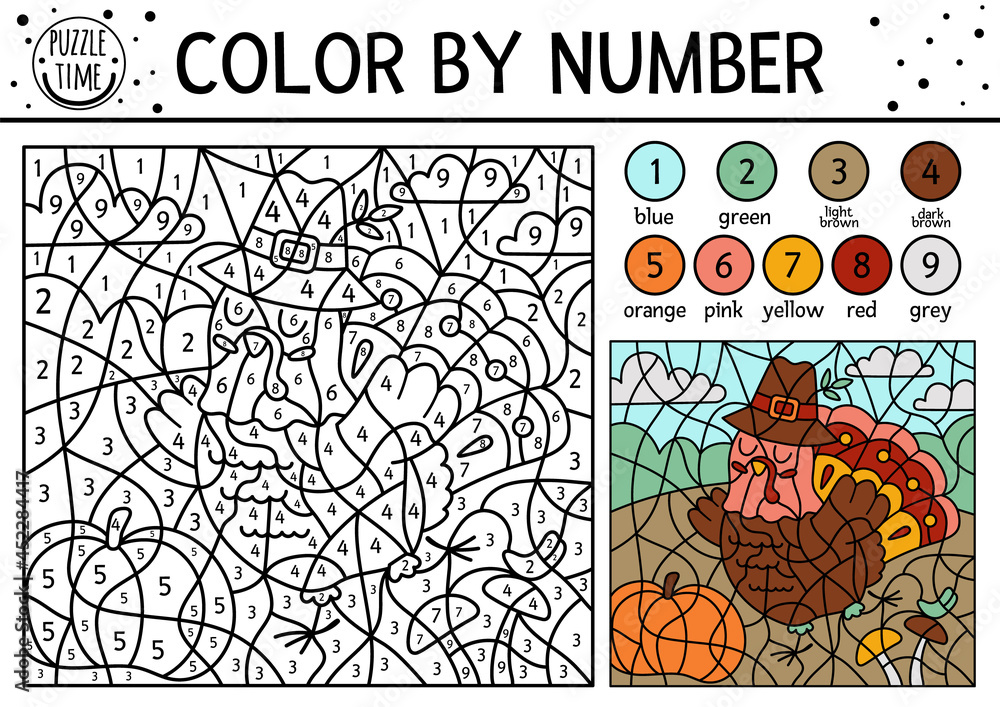 Obraz premium Vector Thanksgiving color by number activity with turkey and pumpkin in the field. Autumn holiday counting game with cute bird. Funny fall or farm coloring page for kids. .