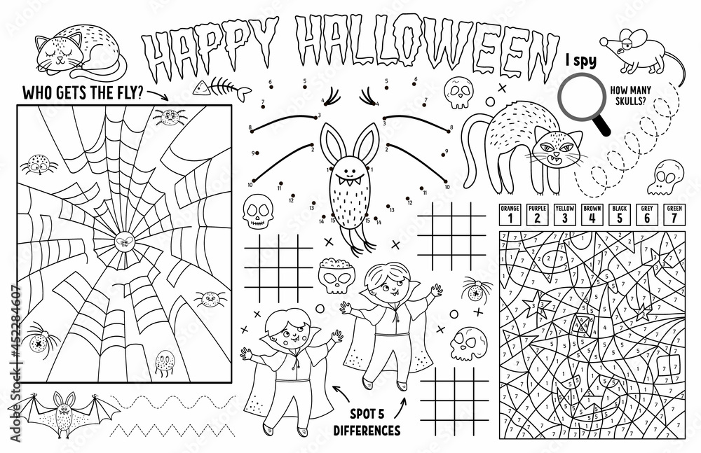 Vector Halloween placemat for kids. Fall holiday printable activity mat with maze, tic tac toe charts, connect the dots, find difference. Black and white autumn play mat or coloring page.