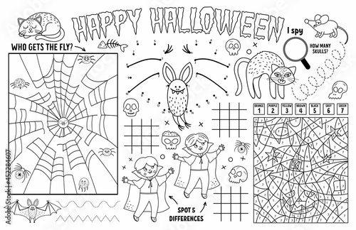 Vector Halloween placemat for kids. Fall holiday printable activity mat with maze  tic tac toe charts  connect the dots  find difference. Black and white autumn play mat or coloring page.