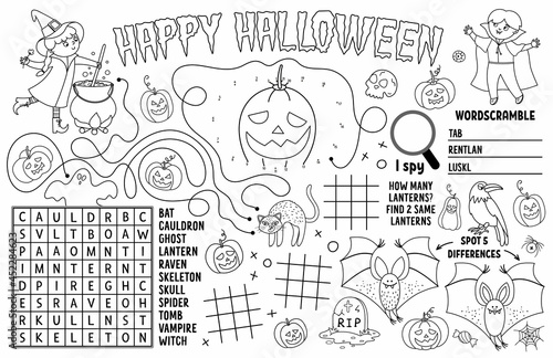 Fototapeta Naklejka Na Ścianę i Meble -  Vector Halloween placemat for kids. Fall holiday printable activity mat with maze, tic tac toe charts, connect the dots, find difference. Black and white autumn play mat or coloring page.