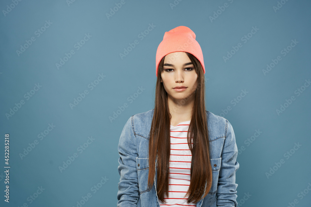 woman in pink hat denim shirt fashion clothes posing studio